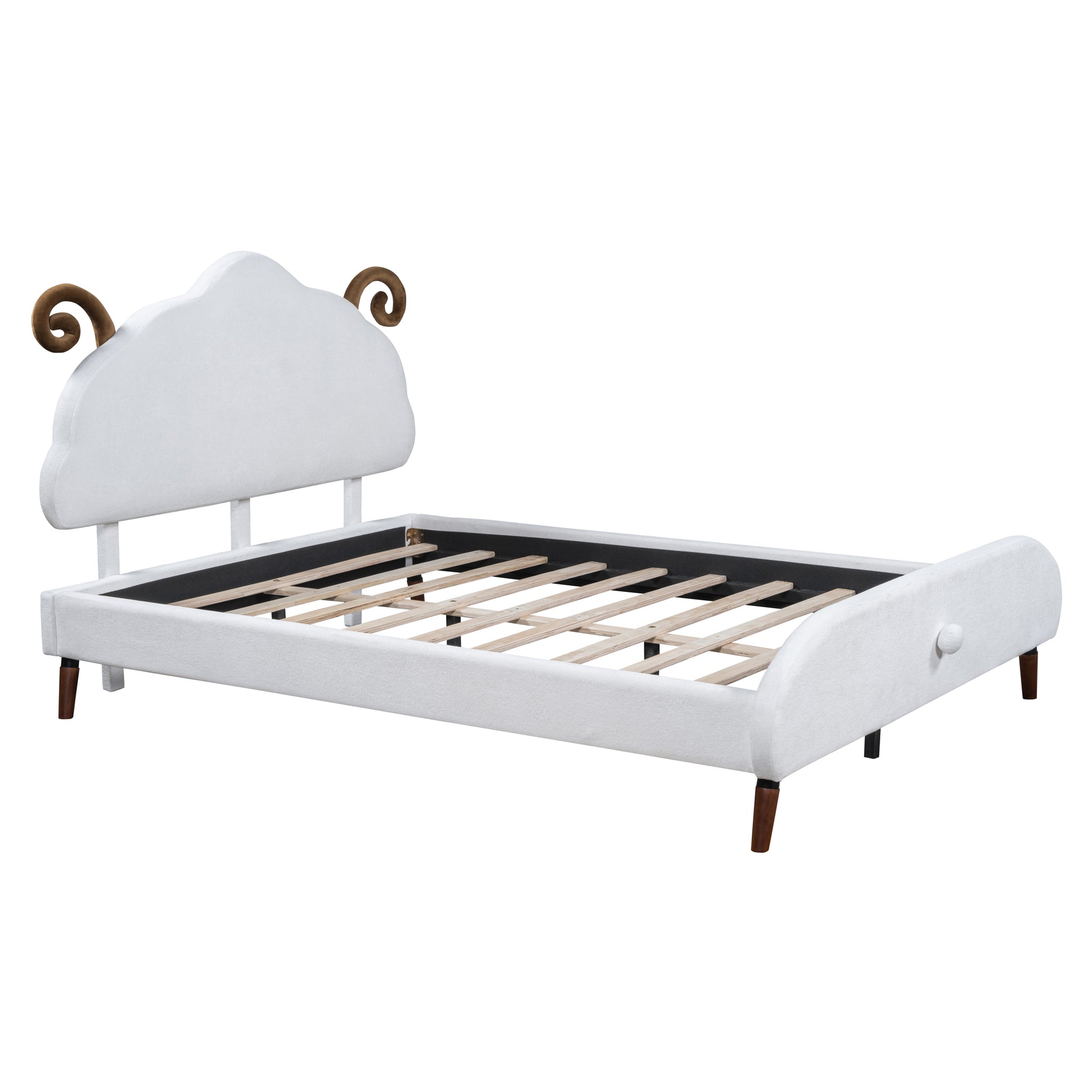 Full Size Upholstered Platform Bed With Sheep Shaped Headboard, White Full White Plywood