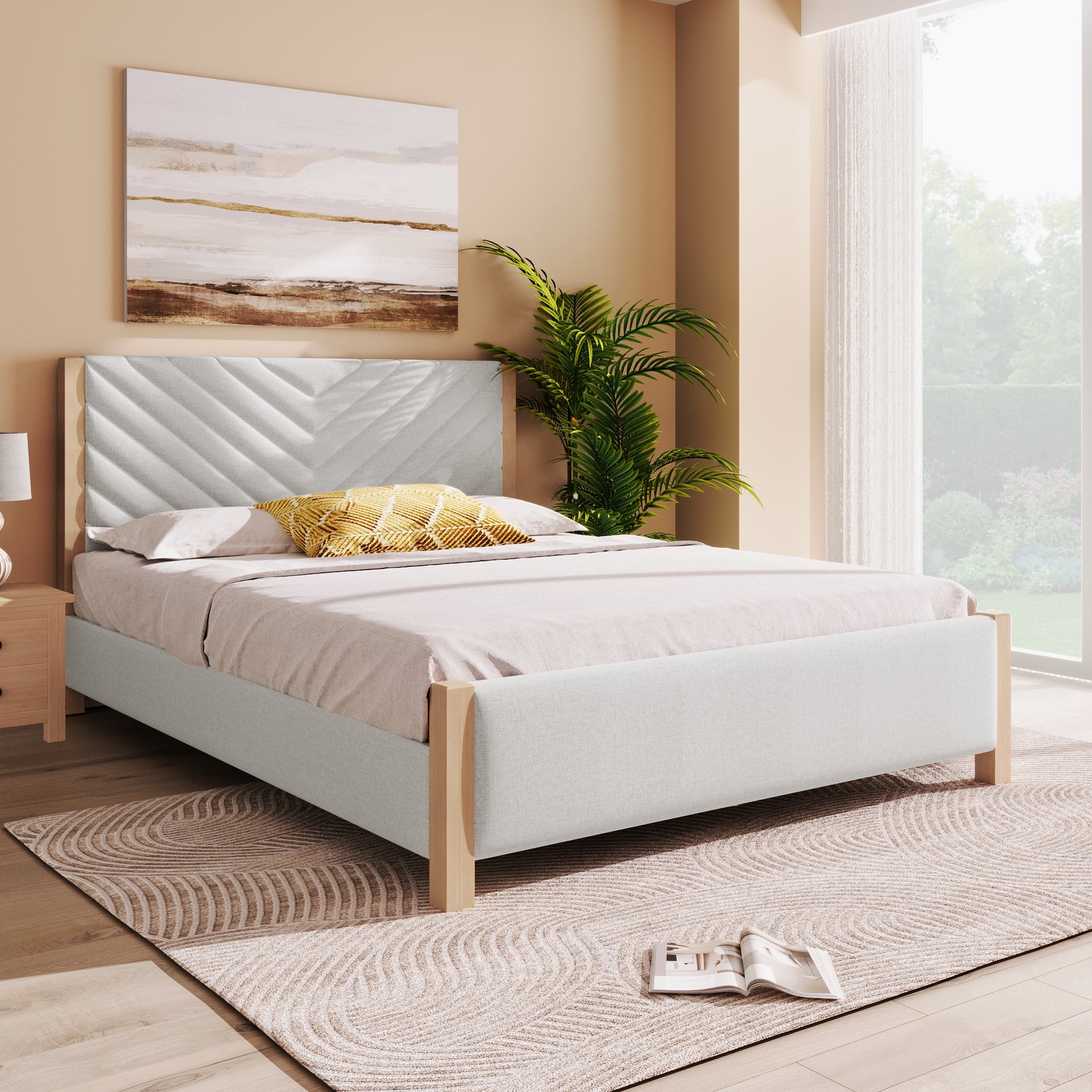 Modern Mid Century Queen Upholstered Platform Bed Frame With Tufted Headboard And Solid Wood Legs,No Box Spring Needed,Beige Box Spring Not Required Queen Beige Wood Bedroom Mid Century Modern,Modern Bed Frame Linen Wood