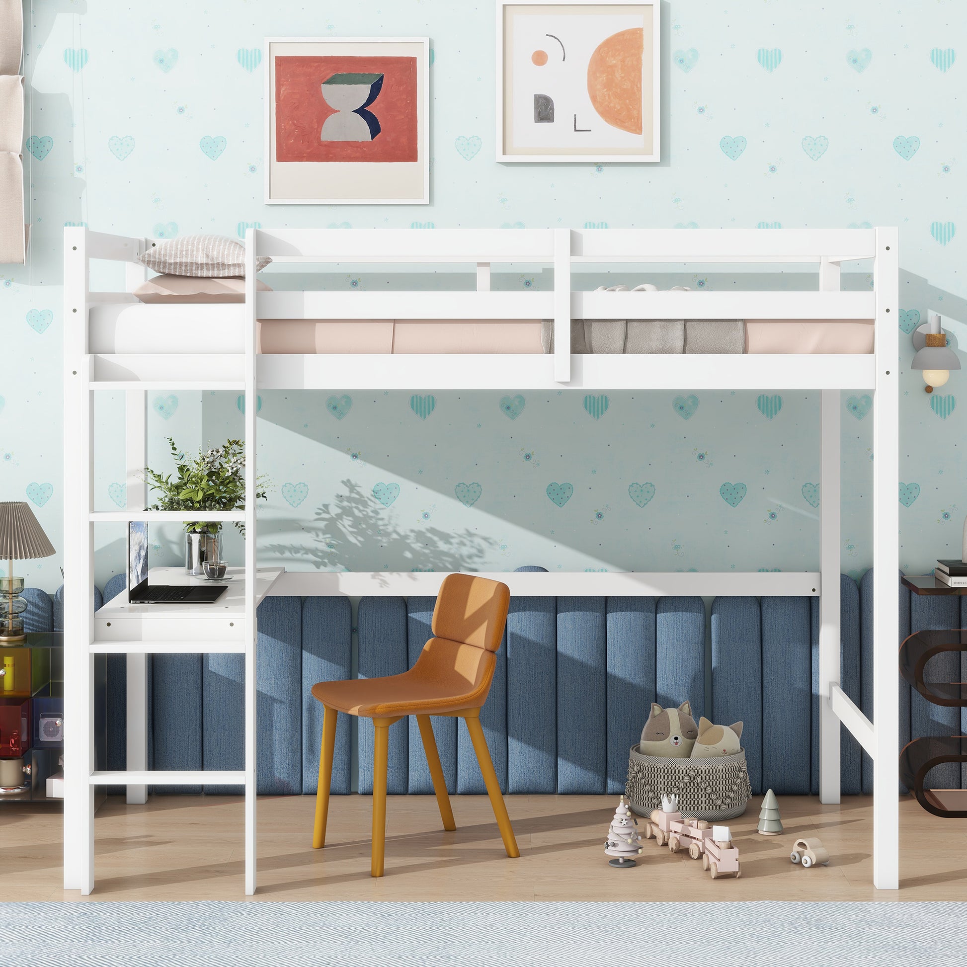 Twin High Loft Bed, Rubber Wood Loft Bed With Safety Guardrail, Built In Desk, Ladder,White Twin White Rubber Wood