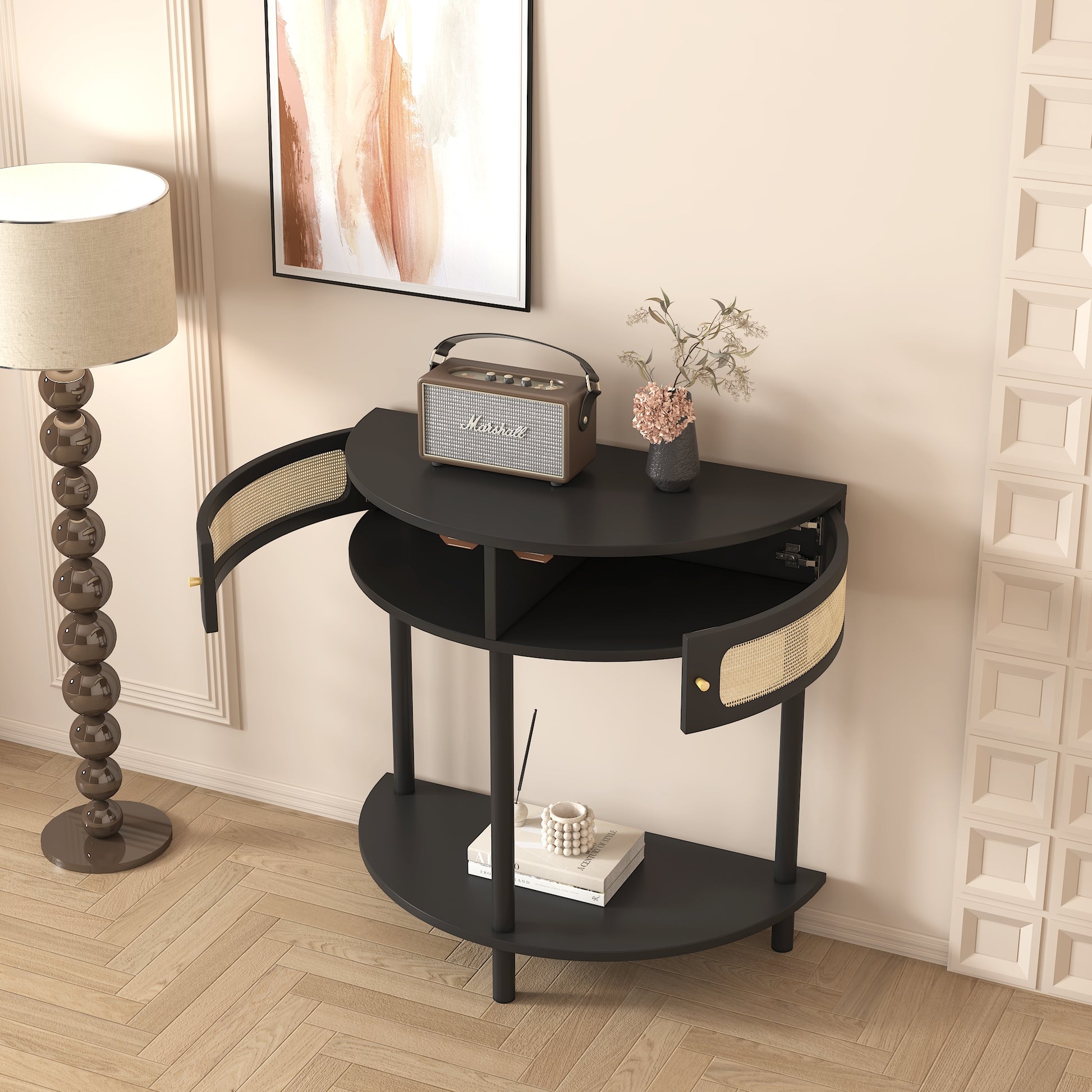 Unique Half Moon Design End Table With Rattan Door,Elegant Semicircle Sofa Side Table With 2 Rattan Storage Cabinet And Bottom Shelf For Living Room, Bedroom Black Primary Living Space Boho Freestanding Semicircular Drawers Coffee & End Tables Polished