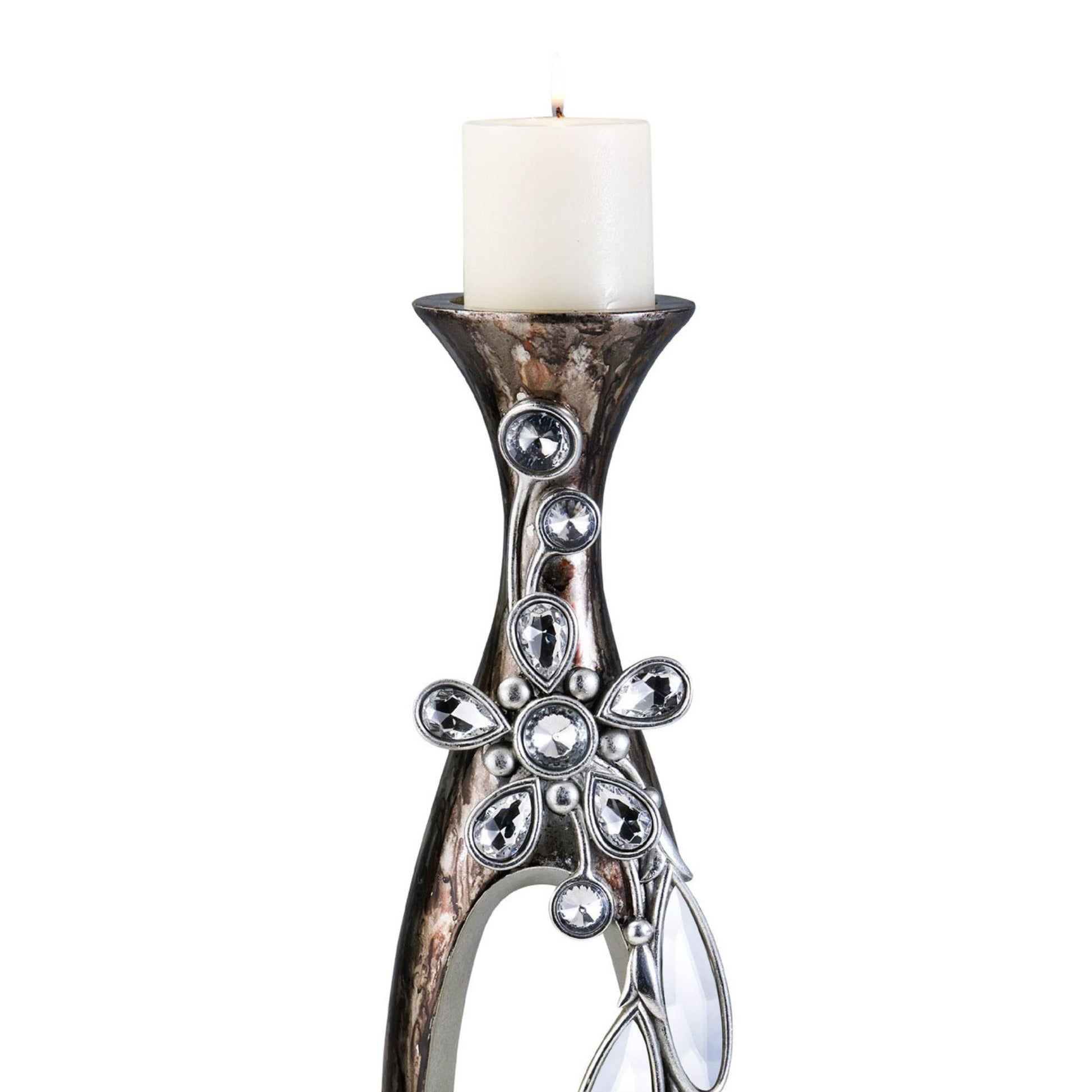 16" Tall Polyresin "Balleria" Candleholder, Crystal And Glass Accent Multicolor Polyresin