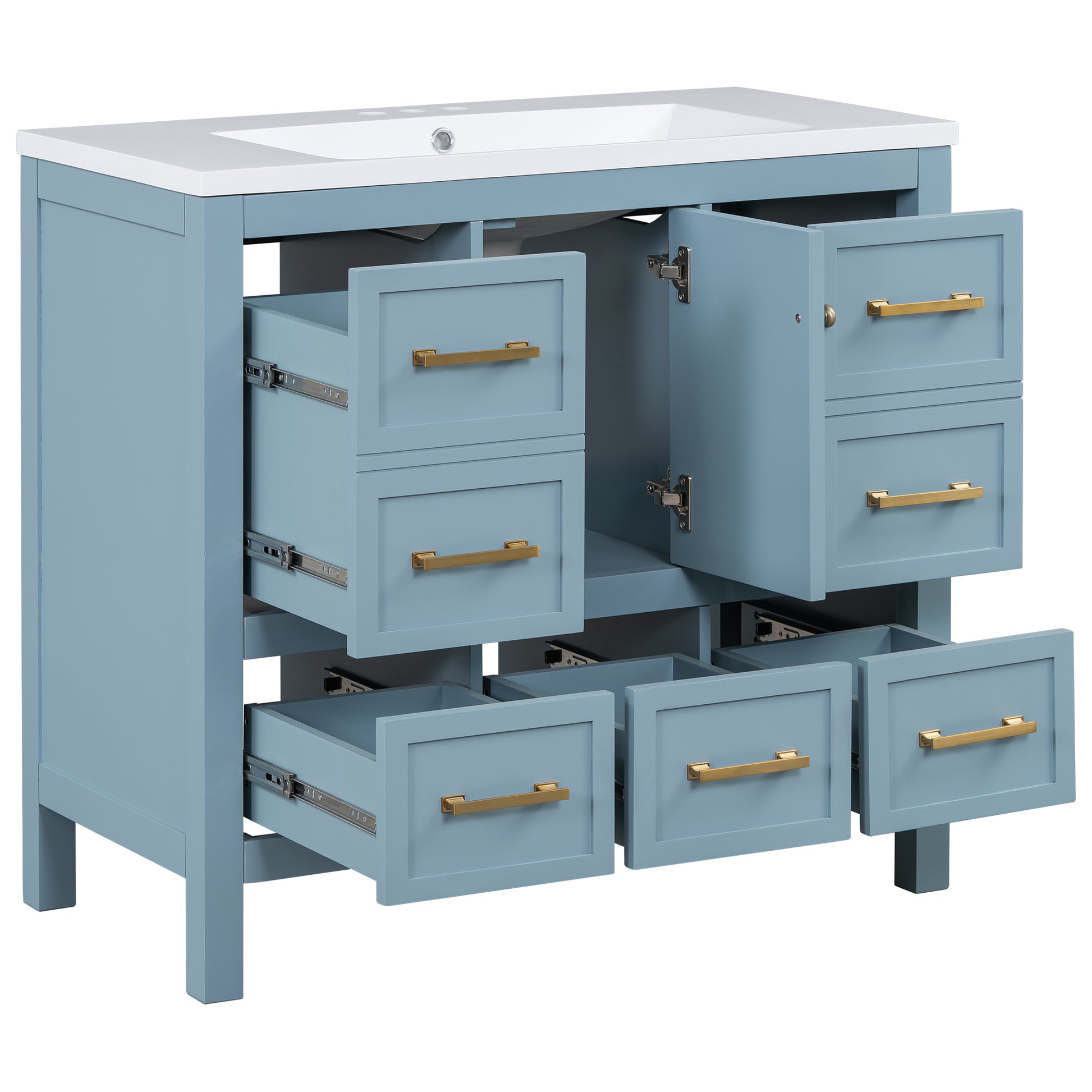 36'' Bathroom Vanity With Resin Sink Combo, Solid Wood Frame Bathroom Storage Cabinet, Freestanding Vanity Set With 5 Drawers& Soft Closing Doors Same As N710S136002M Blue Bathroom Solid Wood Mdf Resin