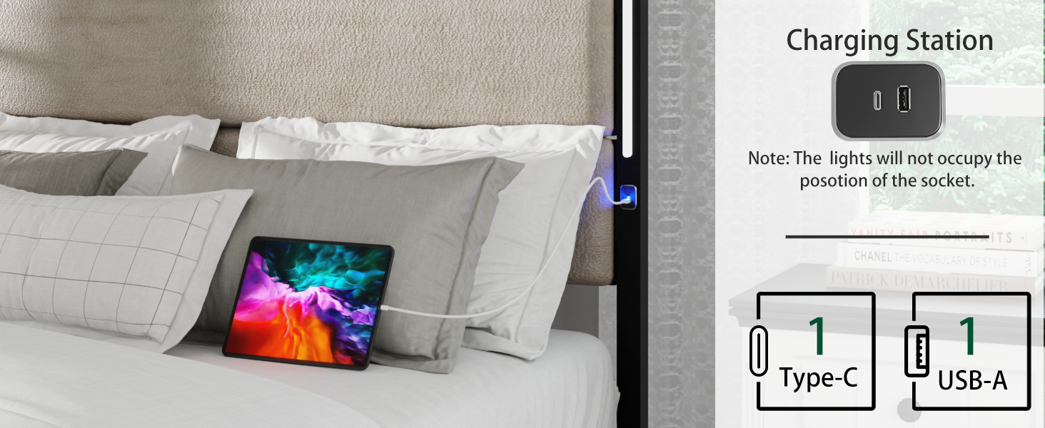 Queen Size Bed Frame With Upholstered Headboardqueen Bed Frame With Charging Station And Led Lights, Wood Slats, Easy Assembly,No Box Spring Needed,Industrial Brown Box Spring Not Required Queen Brown Metal Bedroom Modern Bed Frame Mdf Metal