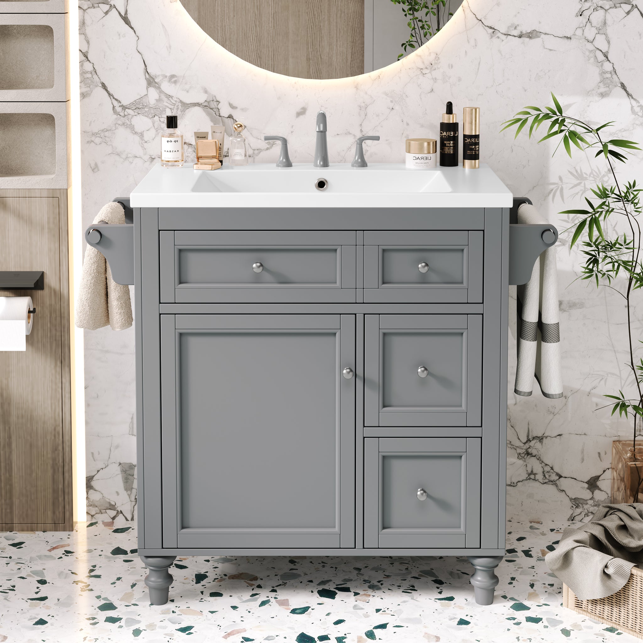 30'' Bathroom Vanity With Top Sink, Modern Bathroom Storage Cabinet With 2 Drawers And A Tip Out Drawer, Single Sink Bathroom Vanity Same As Sw000143Aae Grey Bathroom Modern Solid Wood Mdf Resin