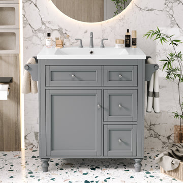 30'' Bathroom Vanity With Top Sink, Modern Bathroom Storage Cabinet With 2 Drawers And A Tip Out Drawer, Single Sink Bathroom Vanity Same As Sw000143Aae Grey Bathroom Modern Solid Wood Mdf Resin