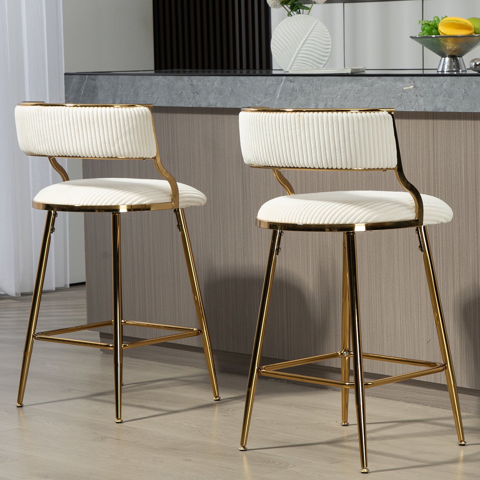 Set Of 2 26'' Counter Height Bar Stools Corduroy Kitchen Island Counter Bar Stool With Back,Golden Chromed Base And Footrest Beige Beige Kitchen Modern Foam Corduroy