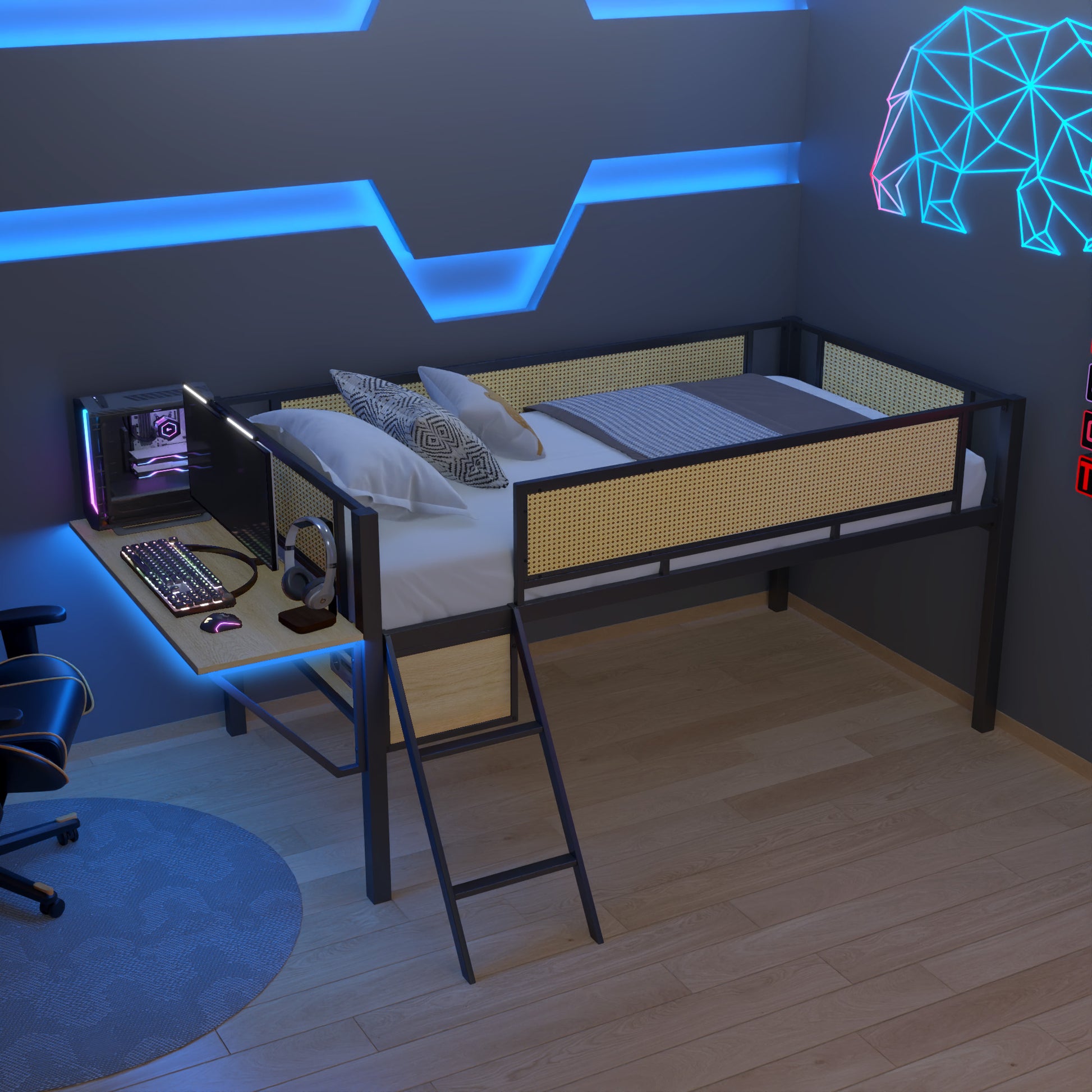 Single Metal Loft Bed With Rectangular Desk, Led Lights, Led Loft Bed Frame Double Bed With Storage Shelves And Hanging Storage Compartments, Safety Guard And Ladder, No Box Springs Required, Rattan G Twin Black Natural Mdf Iron