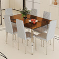 Table And Chair Set.Large Modern Rectangular Table With Brown Glass Top And Silver Metal Legs. Paired With 6 Light Gray Chairs With Checkered Armless High Back Pu Cushion And Silver Metal Legs. Light Gray,Silver Seats 6 Glass Metal