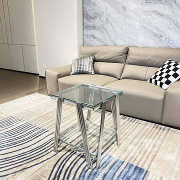 Silver Stainless Steel Double Layer Clear Tempered Glass End Table For Bed Room, Living Room Silver Clear Modern Square Stainless Steel,Tempered Glass