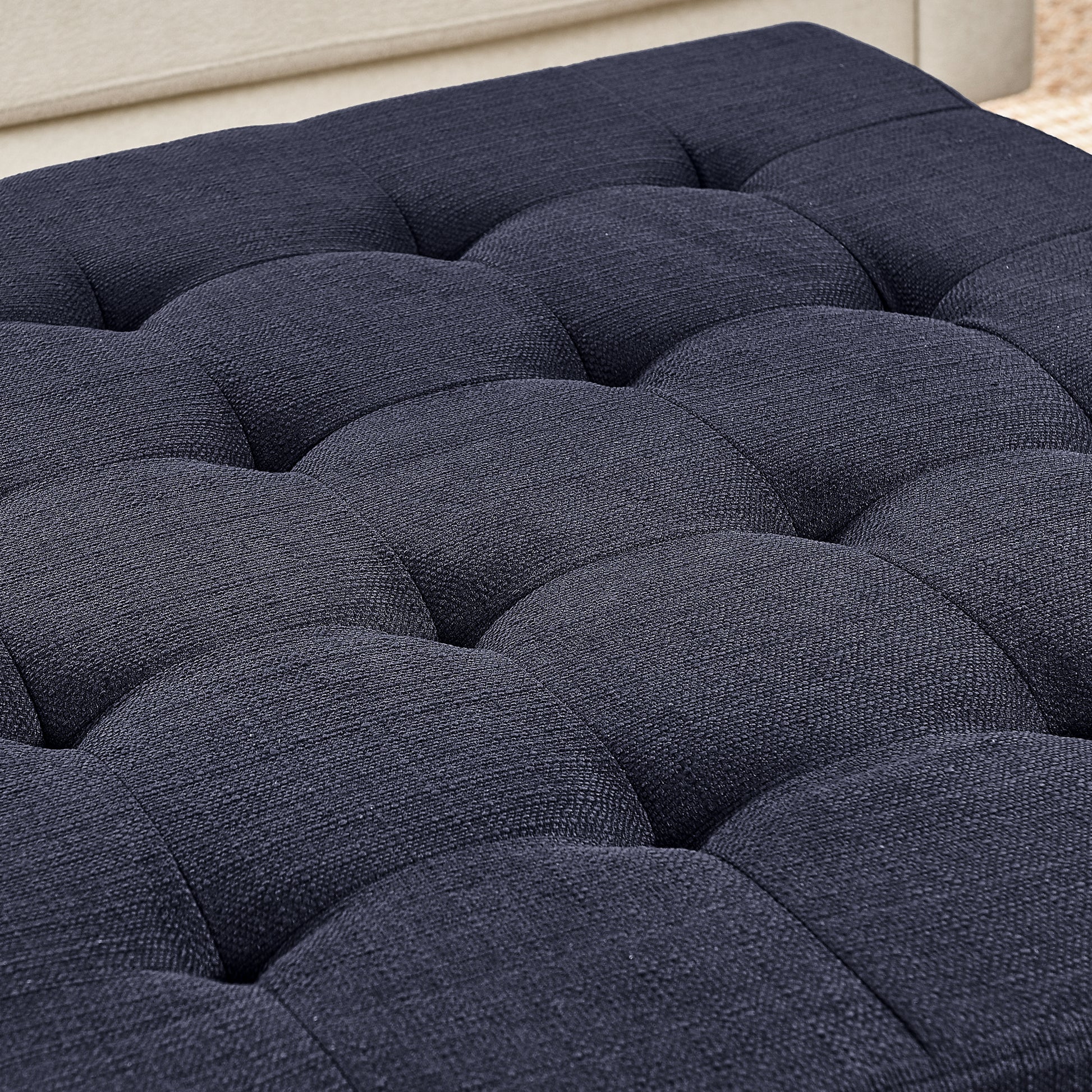 Upholstered Coffee Table Tufted Linen Large Square Ottoman With Beech Wood Shelf And Frame, Oversized Footrest Ottoman For Living Room, Navy Blue Light Brown Wood Primary Living Space Heavy Duty Beech Wood Navy Blue Linen Or Linen Blend Medium Firm