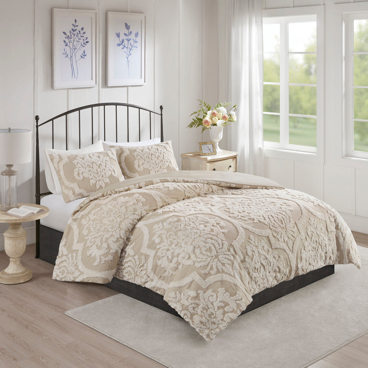 3 Piece Tufted Cotton Chenille Da Comforter Set Taupe King Cal King King Taupe Polyester