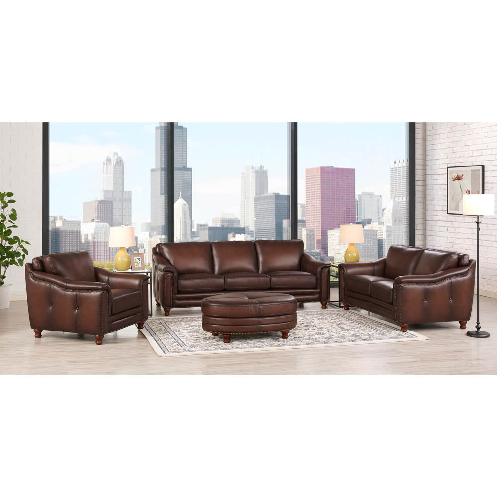 Belfast Leather Ottoman Wood Primary Living Space Solid Brown Eucalyptus Wood Nailhead Trim Brown Genuine Leather Genuine Leather Medium Firm Backless Mid Century Modern Oval Armless Memory Foam Leather