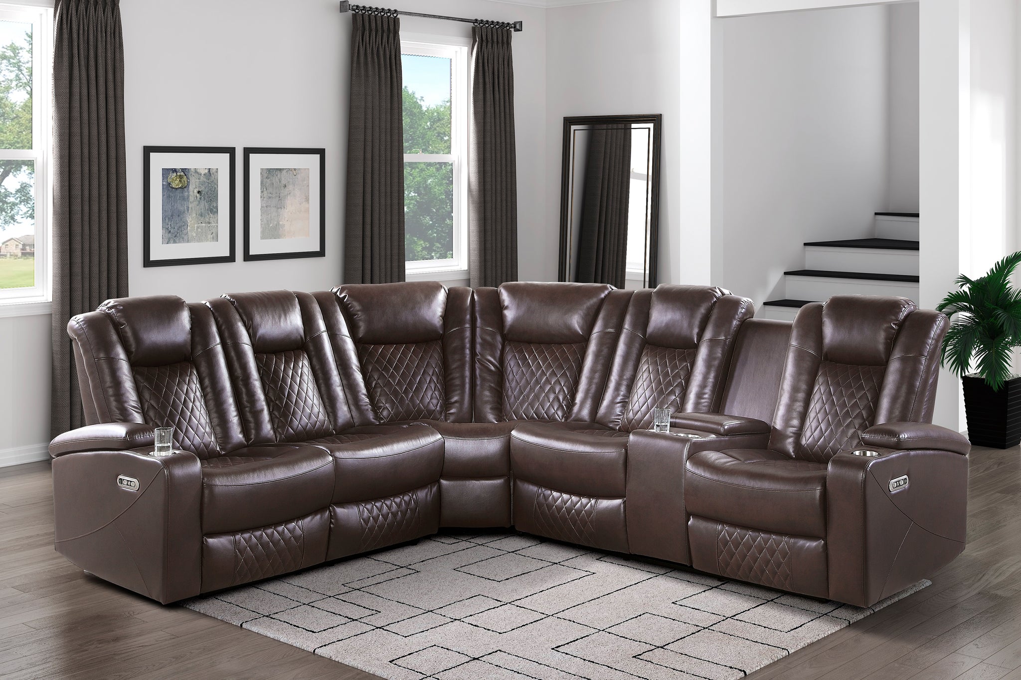 Luxury Living Room 3 Piece Power Reclining Sectional With Drop Down Cup Holders, Reading Lights, Console, Storage Arms With Cup Holders, Plush Seating, Premium Faux Leather Upholstery Dark Brown Faux Leather Wood Primary Living Space Luxury,Modern