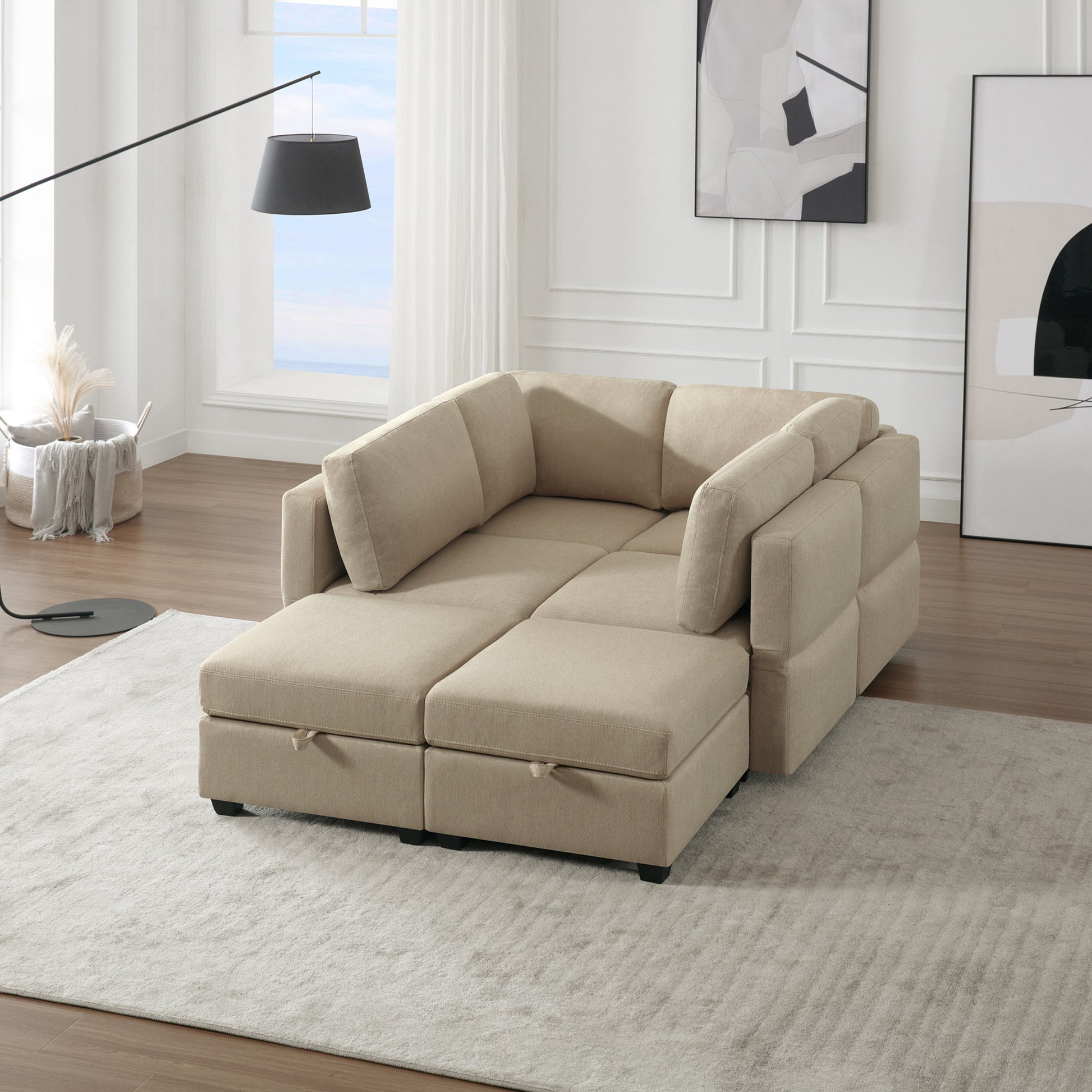 Oversized Modern 6 Seat Upholstered Sofa, Large Sectional Sofa With Storage Seats And Ottomanssofa Bed With Thick And Soft Cushions At All Sidesadjustable Arms And Backs Beige Beige Polyester 4 Seat