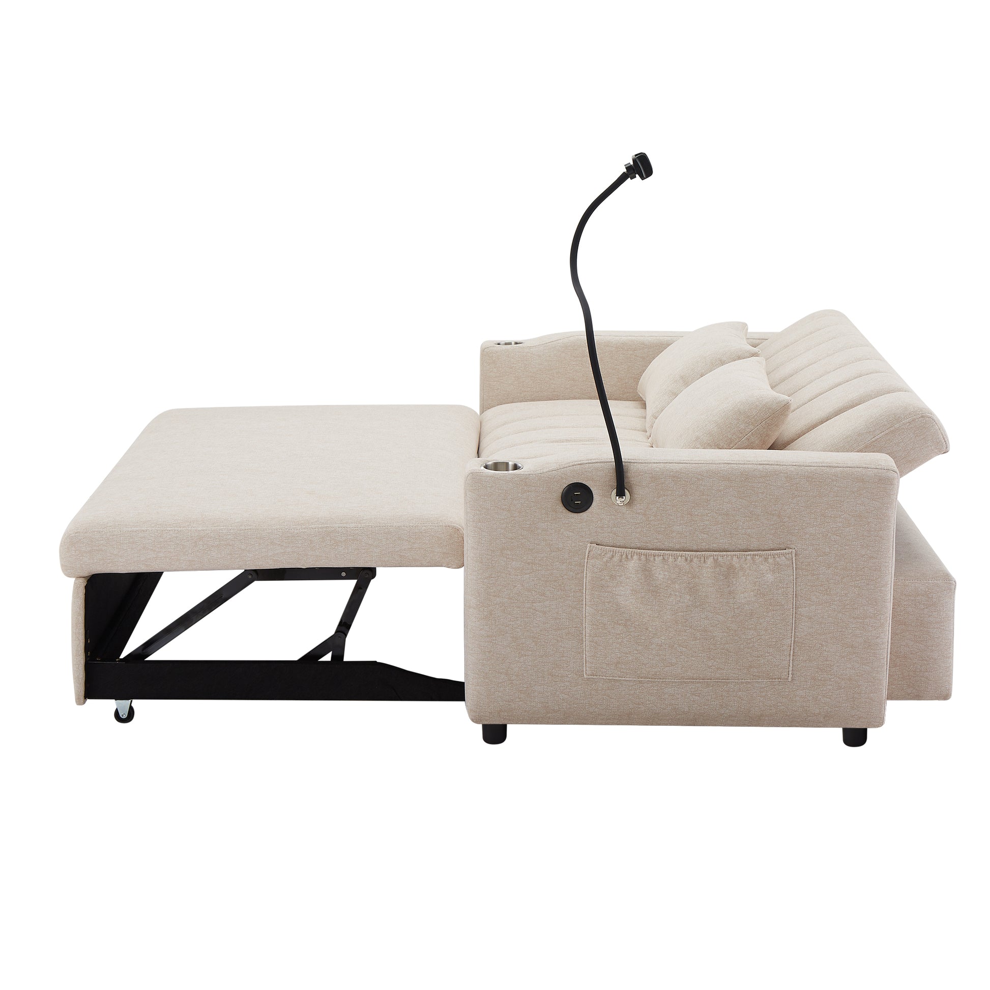 55.9" Convertible Sofa Bed Loveseat Sofa With Three Usb Ports, Two Side Pockets, Two Cup Holders And 360 Swivel Phone Holder For Living Room, Beige Beige Foam Polyester