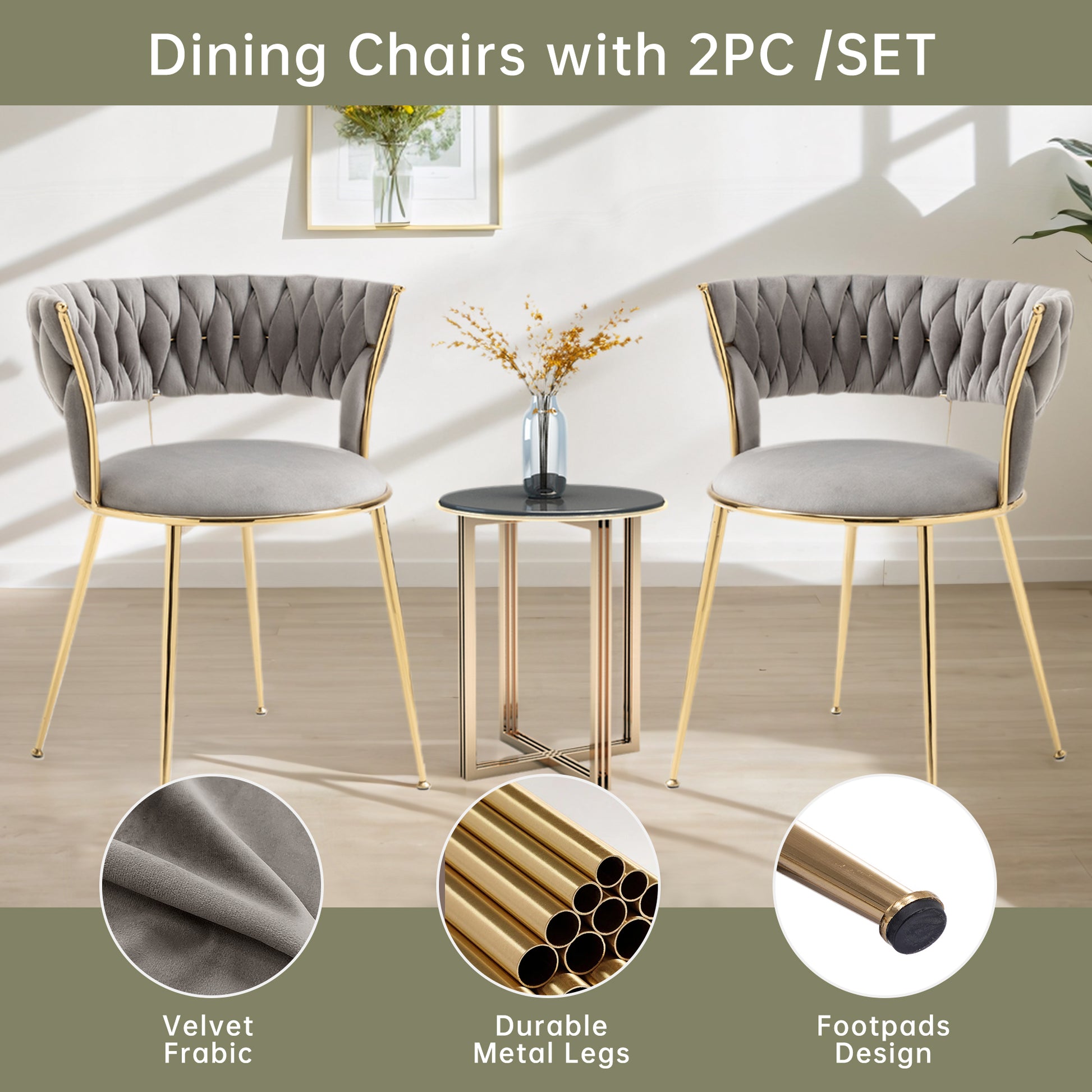 Coolmore Velvet Dining Chairs Set Of 2, Woven Upholstered Dining Chairs With Gold Metal Legs, Modern Accent Chairs For Living Room, Dining Room, Kitchen Grey Velvet Grey Foam Velvet
