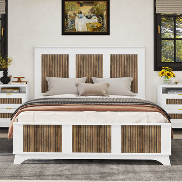 Farmhouse Wooden Platform Queen Size Bed, Modern Platform Bed With Wooden Strip Decoration, Plywood Slats Support, White Queen White Particle Board