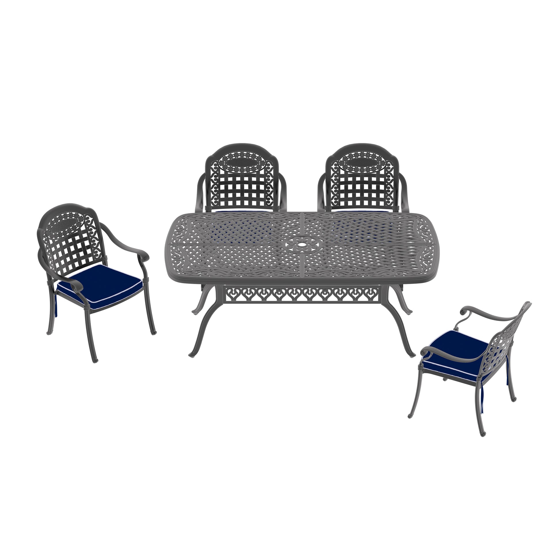 Cushions In Random Colors 5 Piece Set Of Cast Aluminum Patio Furniture With Cushions Yes Dining Set Black Seats 4 Rust Resistant Frame Water Resistant Cushion Garden & Outdoor Complete Patio Sets Aluminium