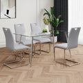 Modern Simple Rectangular Glass Dining Table, Solid Tempered Glass Tabletop, Electroplated Table Legs, Gray Pu Dining Chair Set, Suitable For Restaurant Kitchen Use Set Of 5 Upholstered Chair Glass Gray Pu Seats 4 Metal Rectangular Dining Table With