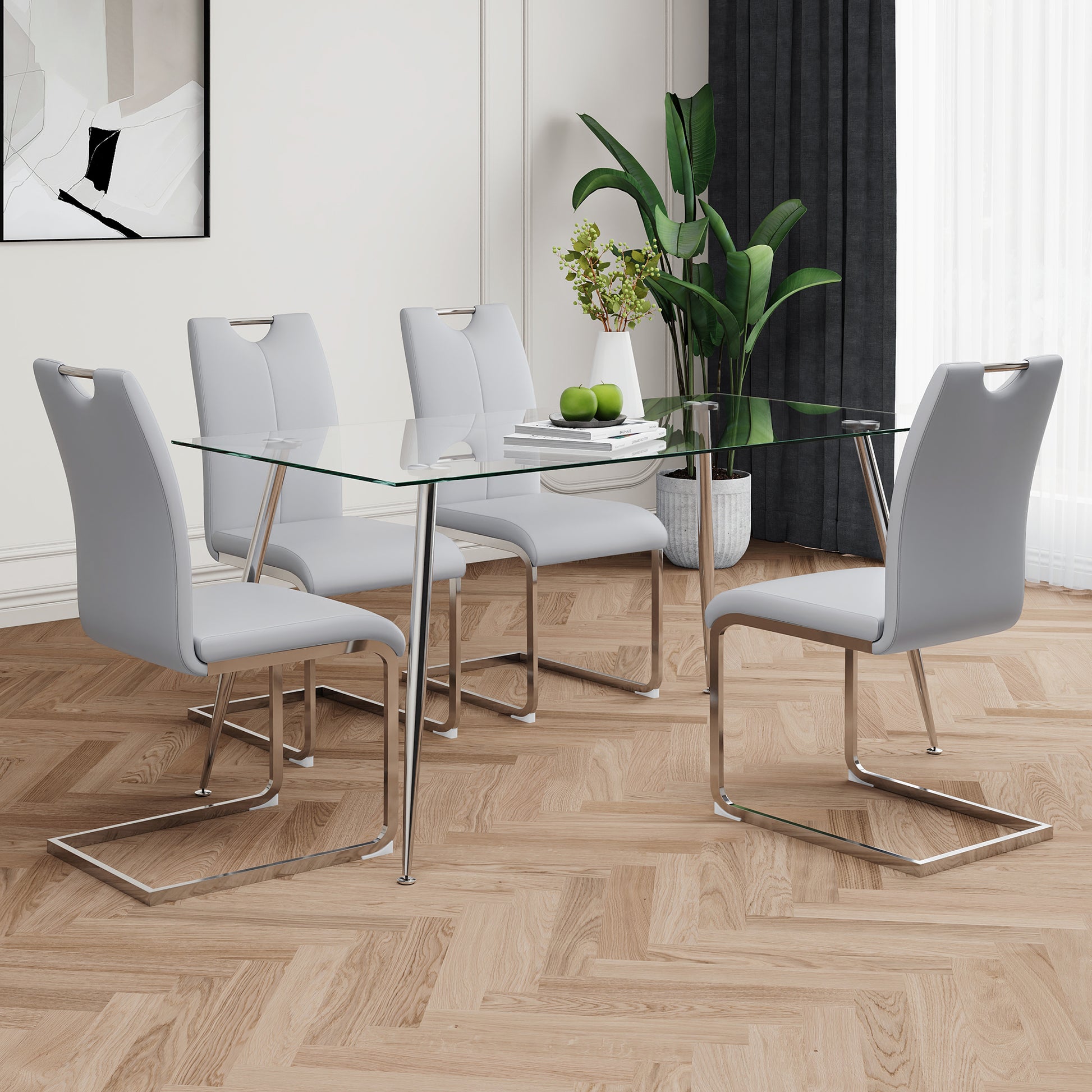 Modern Simple Rectangular Glass Dining Table, Solid Tempered Glass Tabletop, Electroplated Table Legs, Gray Pu Dining Chair Set, Suitable For Restaurant Kitchen Use Set Of 5 Upholstered Chair Glass Gray Pu Seats 4 Metal Rectangular Dining Table With