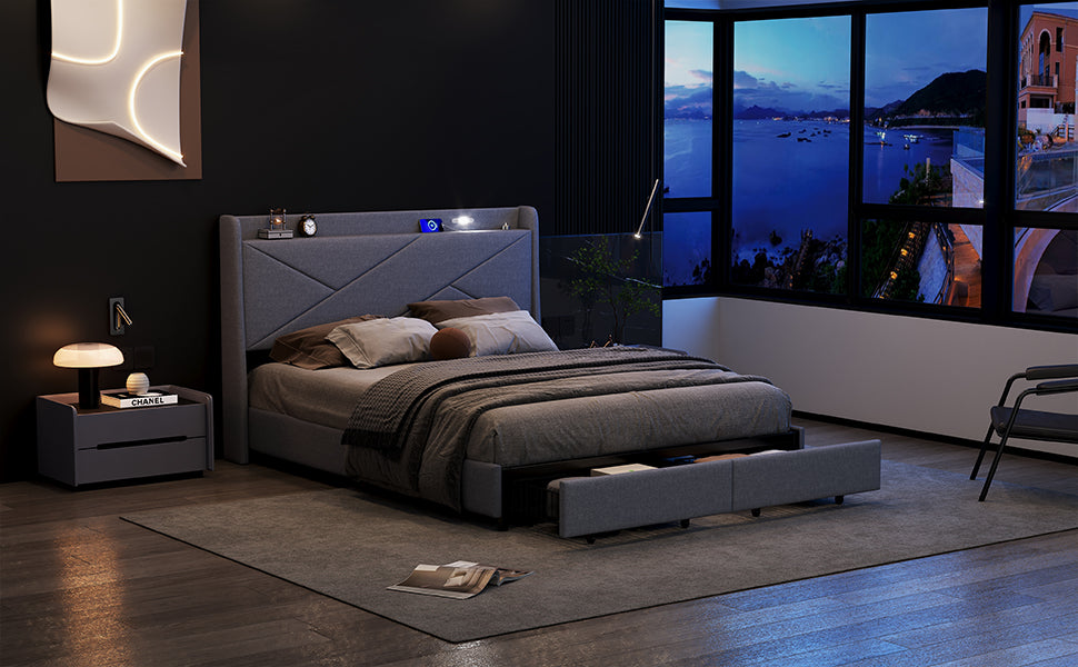 Queen Size Upholstery Platform Bed With Storage Headboard, Led, Usb Charging And 2 Drawers, Gray Queen Gray Upholstered
