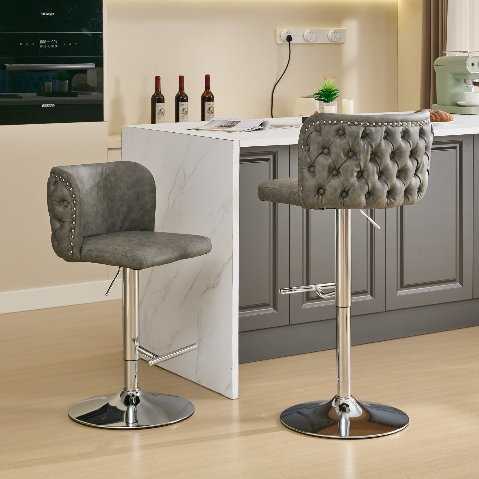 Swivel Barstools Adjusatble Seat Height With Chrome Base, Modern Pu Upholstered Bar Stools With The Whole Back Tufted, For Home Pub And Kitchen Island,Gray, Set Of 2 Gray American Design Bar Stools Set Of 2 Foam Pu Leather