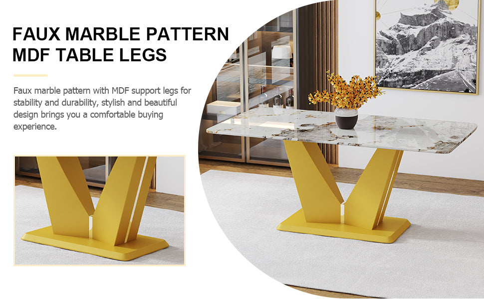 Modern Minimalist Rectangular Dining Table, 0.4 "Thick, Imitation Marble Patterned Glass Tabletop, Gold Mdf Legs. "71" * 35.4" *30" Gold Mdf Glass