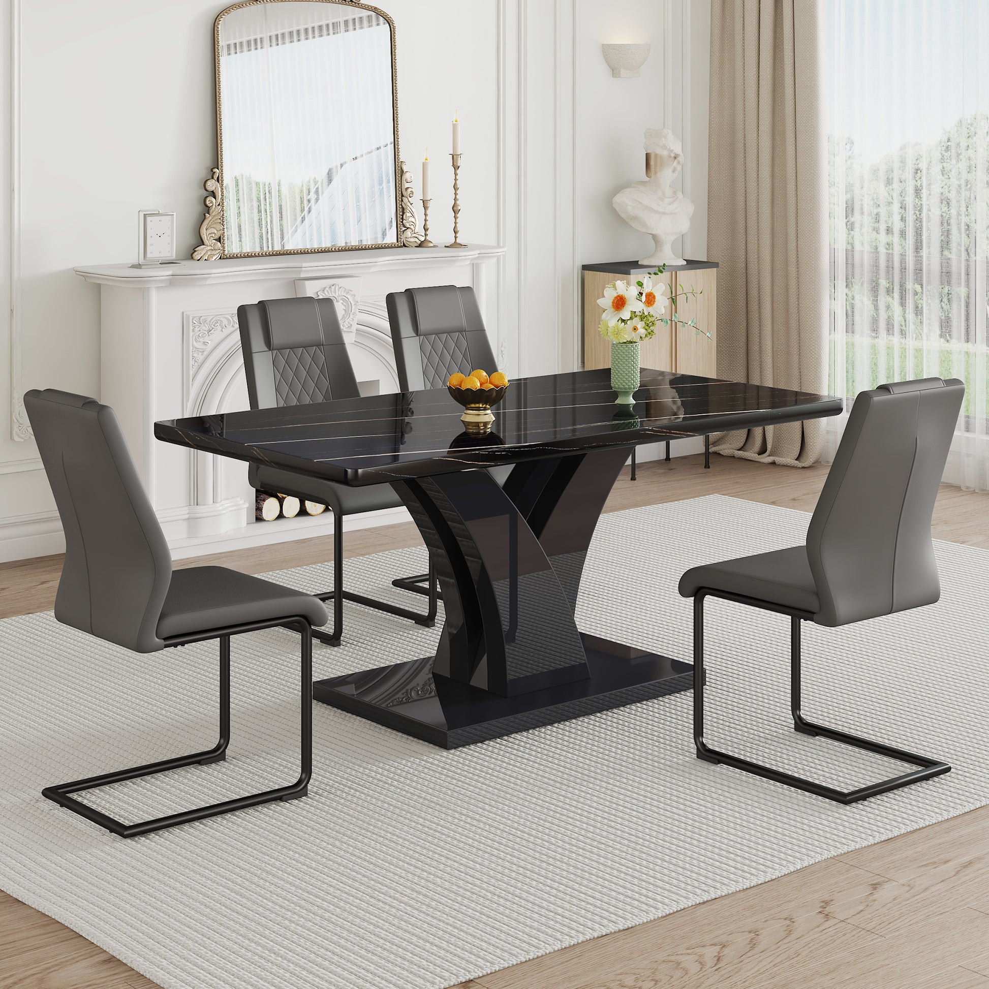 Table And Chair Set, Modern Dining Table, Black Tabletop And Black Mdf Leg Table, Soft And Comfortable Dining Chair, Perfect For Dinner, Meetings, Home And Office Decor Black Grey Mdf