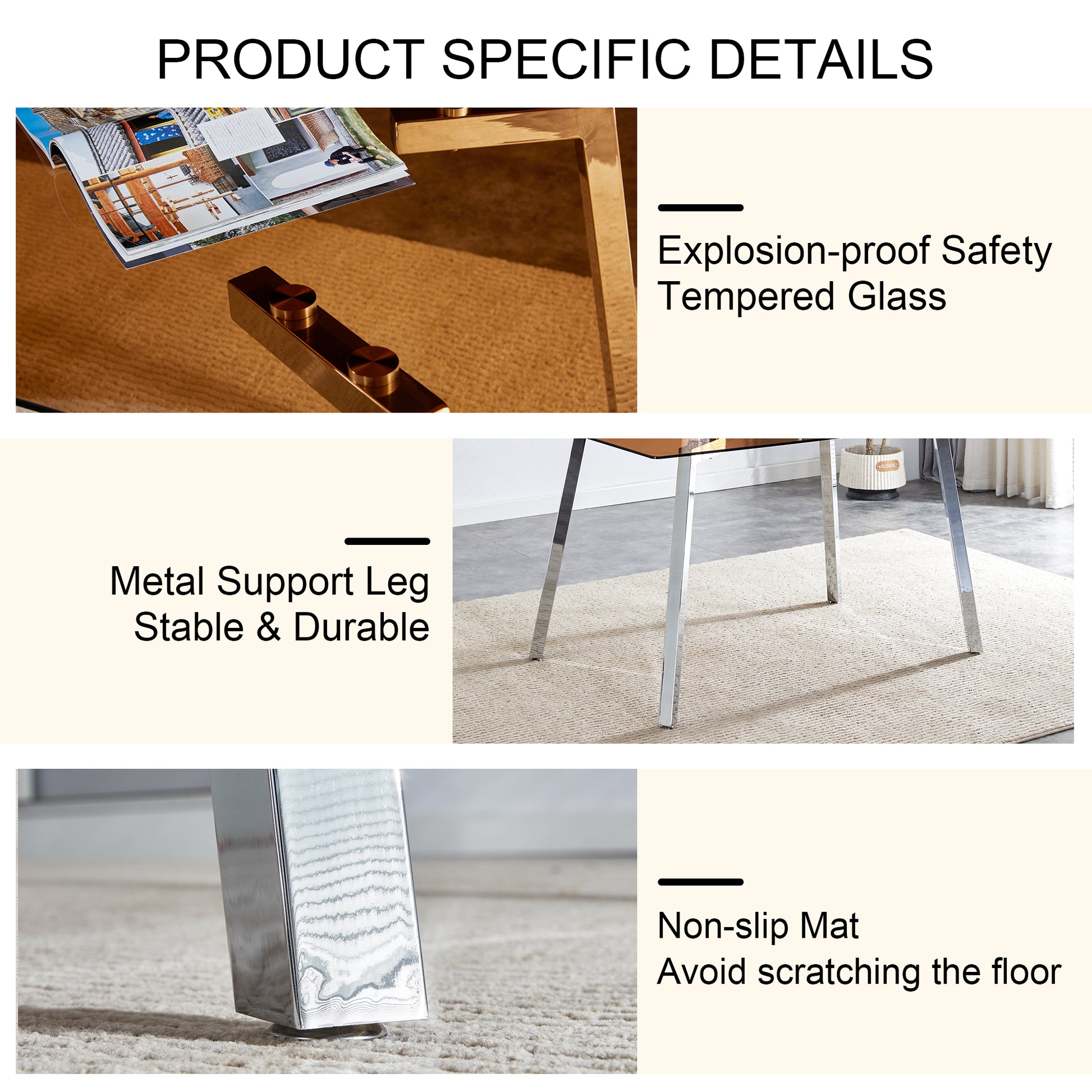 1 Table And 4 Chairs, Brown Tempered Glass Tabletop And Silver Metal Legs, Modern Minimalist Style Rectangular Glass Dining Table, Paired With 4 Modern Silver Metal Leg Chairs. 1123C 1162 Brown Seats 4 Glass