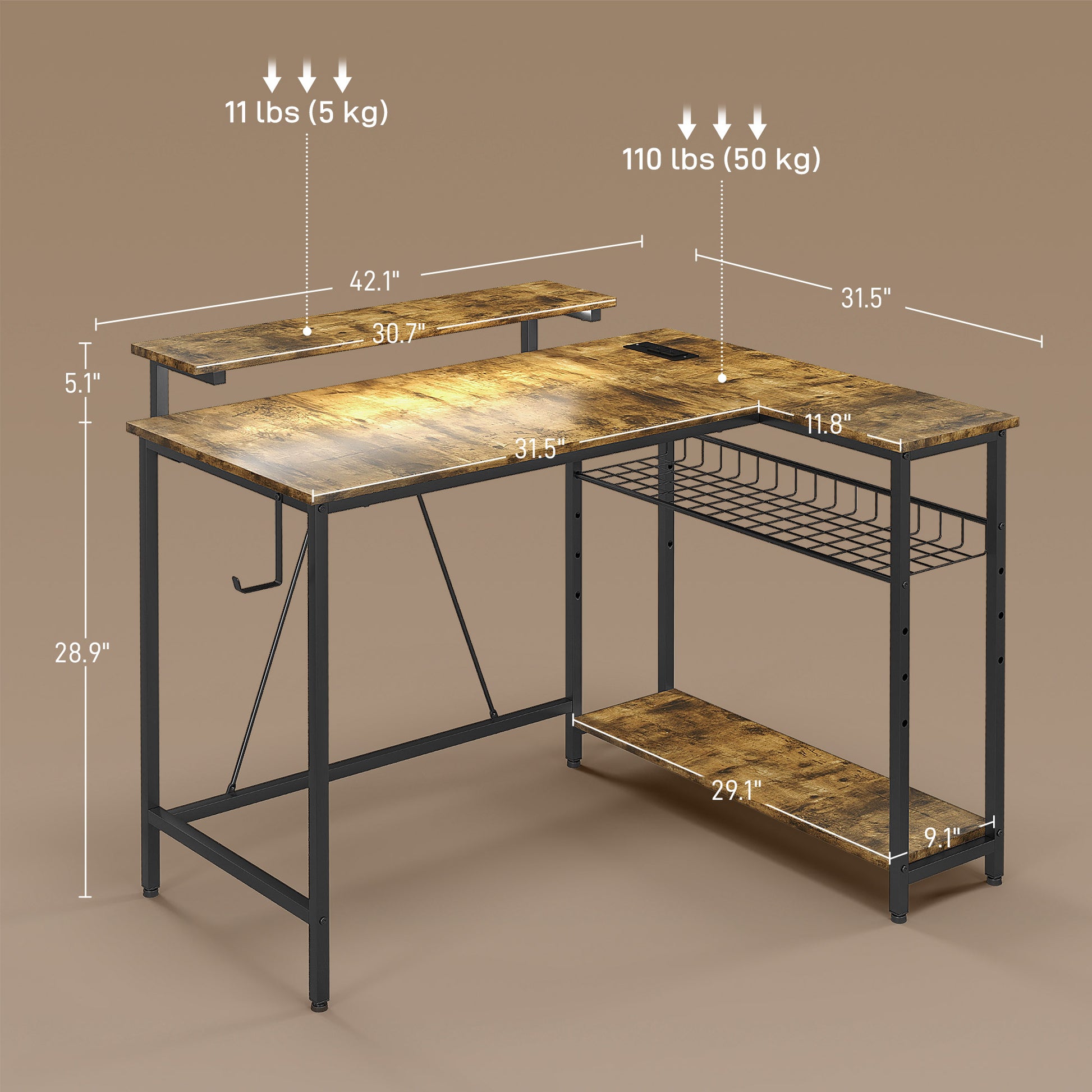 Homcom 42" L Shaped Desk With Led Lights, Power Outlet, Usb Charging Ports, Reversible L Shaped Computer Desk With Storage Shelves, Monitor Stand, Corner Gaming Desk For Home Office, Rustic Brown