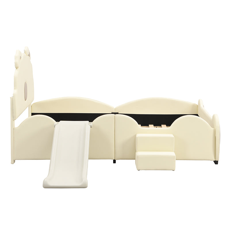 Full Size Upholstered Platform Bed With Piglet Shape Headboard And Children'S Slide, Beige Box Spring Not Required Full Beige Wood Bedroom Bed Frame Faux Leather Upholstered