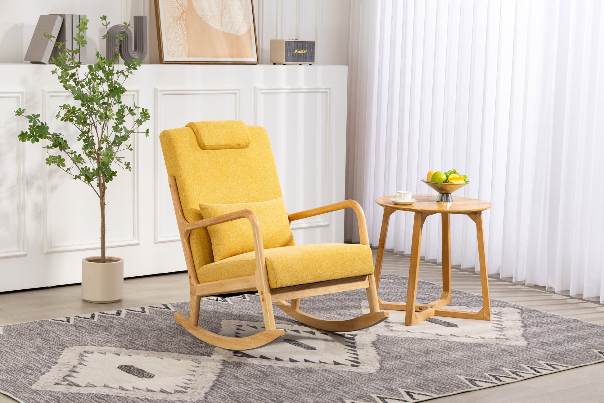 Rocking Chair Upholstered Fabric Rocking Armchair Indoor With High Backrest Glider Chairs And Lumbar Pillow For Living Room Yellow Linen