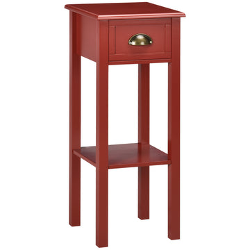 Homcom 2 Tier Side Table With Drawer, Narrow End Table With Bottom Shelf, For Living Room Or Bedroom, Red Red Mdf