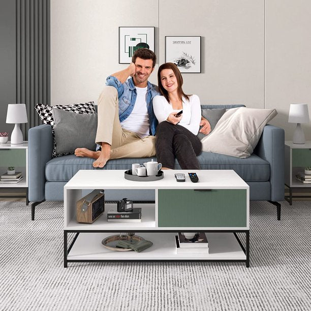 Watson 39" White And Green Wood Coffee Table Steel Frame With Shelves And Drawer White Metal & Wood