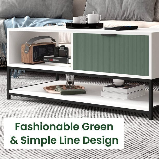 Watson 39" White And Green Wood Coffee Table Steel Frame With Shelves And Drawer White Metal & Wood