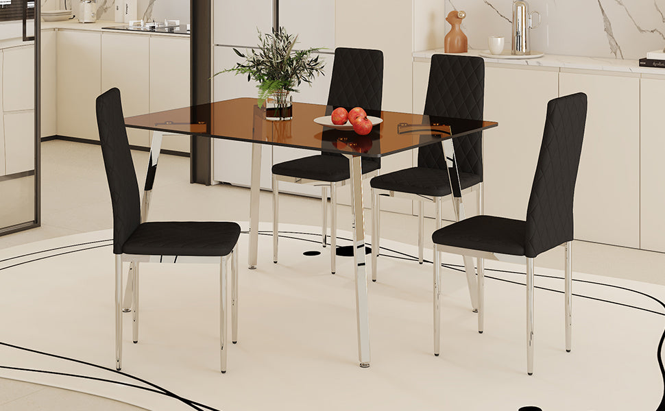 Table And Chair Set.Large Modern Rectangular Table With Brown Glass Top And Silver Metal Legs. Paired With 4 Black Chairs With Checkered Armless High Back Pu Cushion And Silver Metal Legs. Black,Silver Seats 4 Glass Metal
