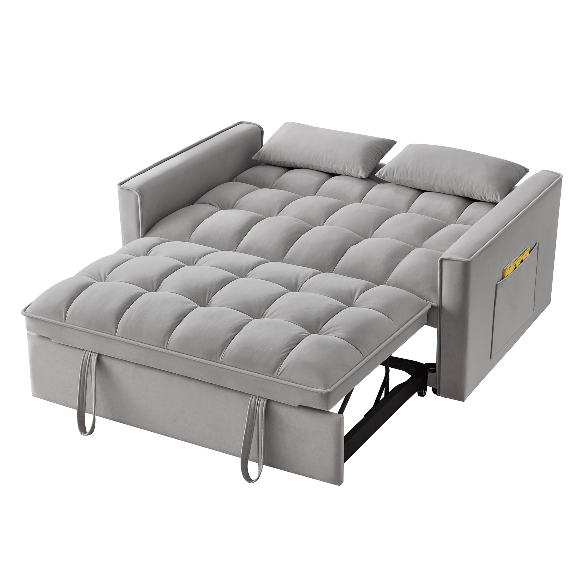 4 In1 Loveseat Sofa Bed With Armrests & Storage Pockets, Multi Function Tufted Pull Out Sofa Bed With Adjustable Backrest And Pillows, Convertible Loveseat Sofa Couch, Gray Gray Velvet Primary Living Space Medium Soft Tufted Back American