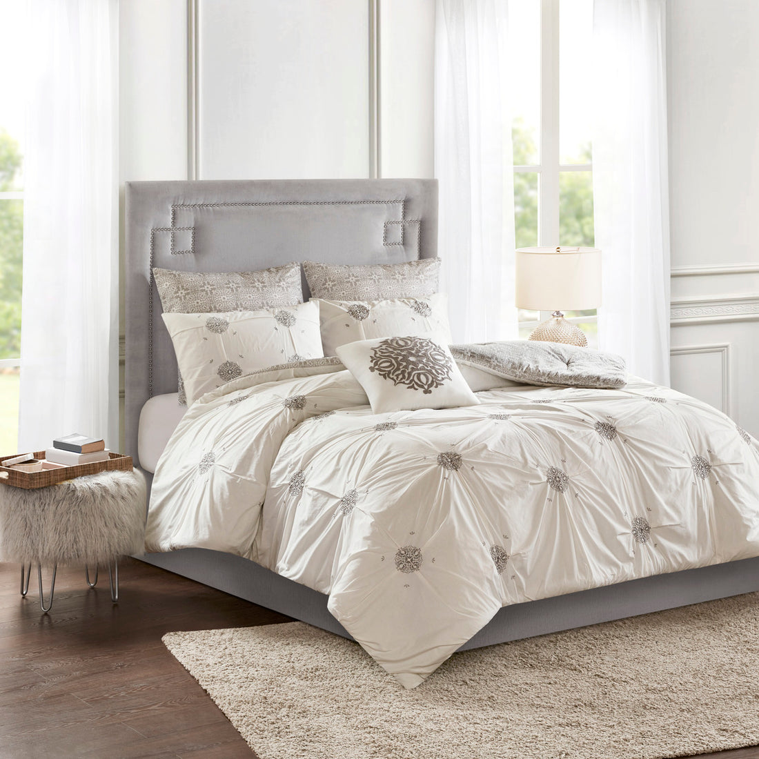 6 Piece Embroidered Cotton Reversible Comforter Set Ivory King Cal King King Ivory Polyester
