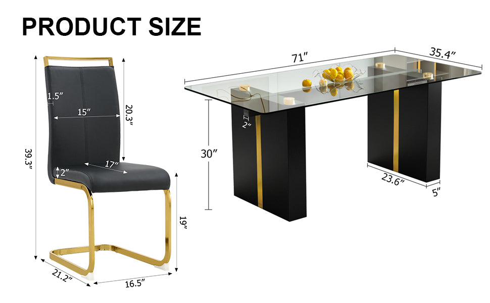 Table And Chair Set, Large Modern Minimalist Rectangular Glass Table, Can Accommodate 6 8 People, Equipped With Tempered Glass Tabletop And Large Mdf Table Legs, Comfortable And Minimalist Chairs. Transparent Mdf Glass