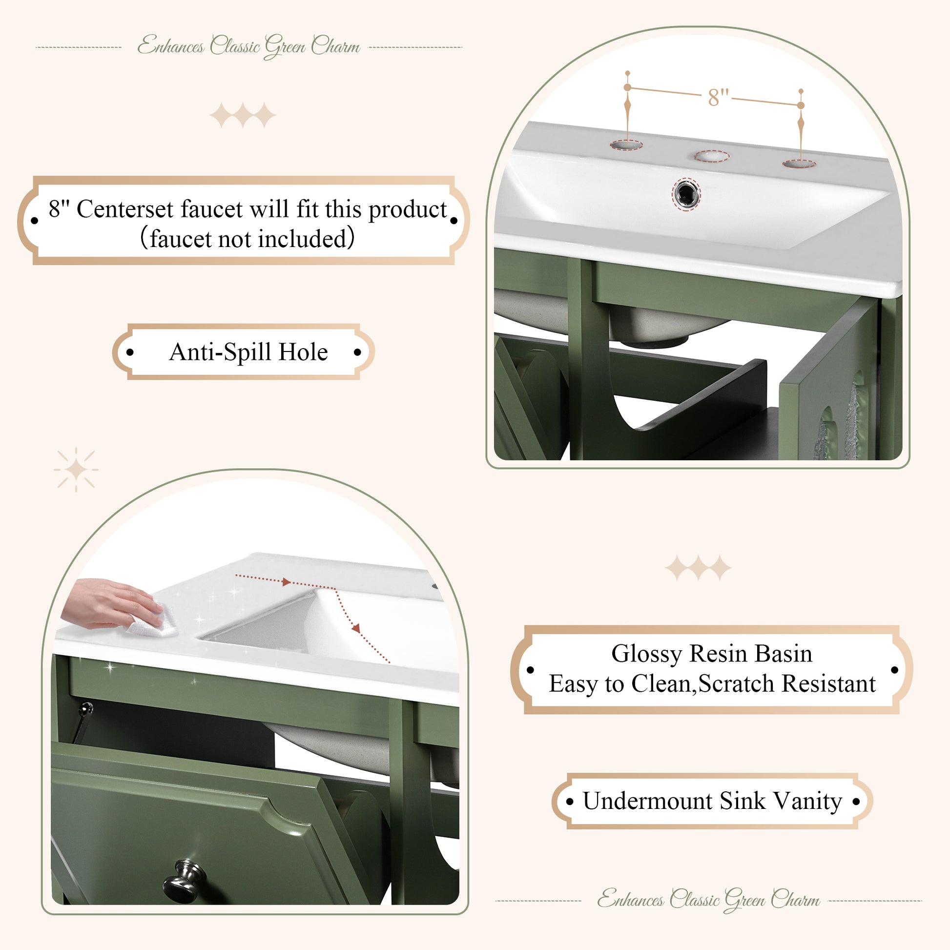 Retro Style 30'' Bathroom Vanity With Resin Sink Combo, Freestanding Single Vanity With 2 Drawers, Solid Wood Frame Bathroom Storage Cabinet, Green Green Bathroom Retro Solid Wood Mdf Resin