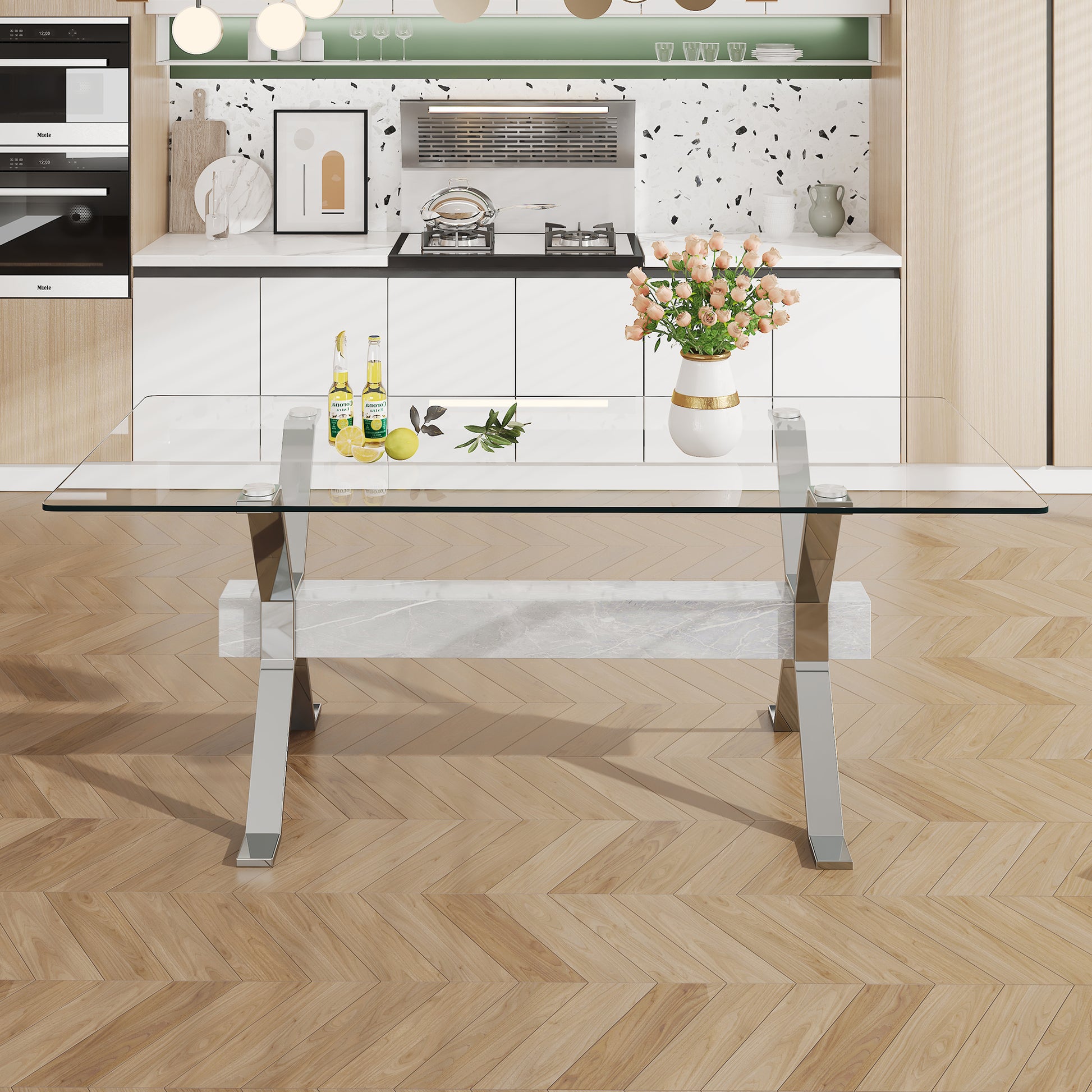 Dining Table. Modern Tempered Glass Dining Table. Large Modern Office Desk With Silver Plated Metal Legs And Mdf Crossbars, Suitable For Both Home And Office Use. Kitchen. 71 ''X35.4''X30 '' 1105 Transparent Glass