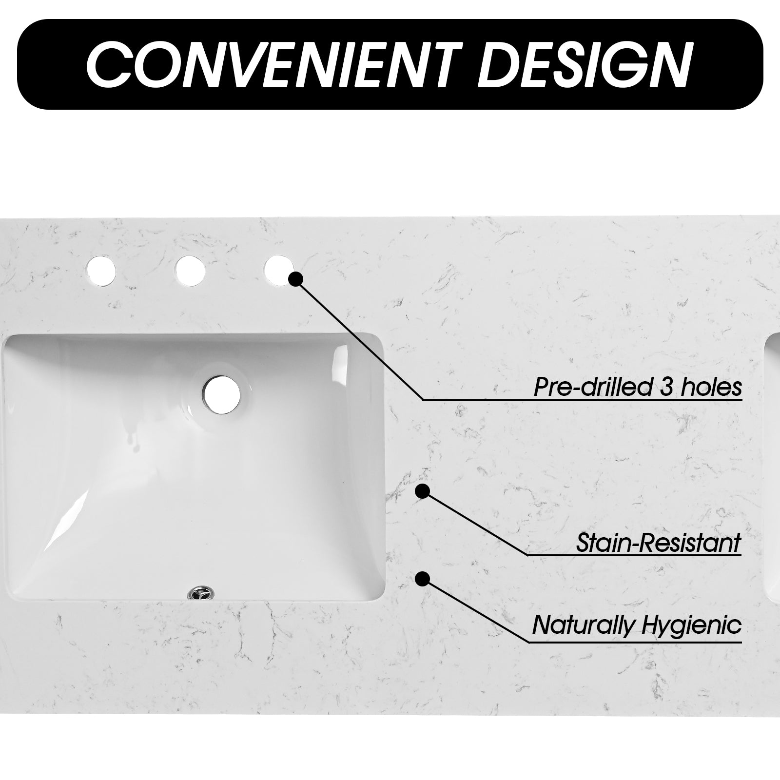 60"X 22" Bathroom Stone Vanity Top Engineered Color With Undermount Ceramic Sink And 3 Faucet Hole With Backsplash White Bathroom Stone