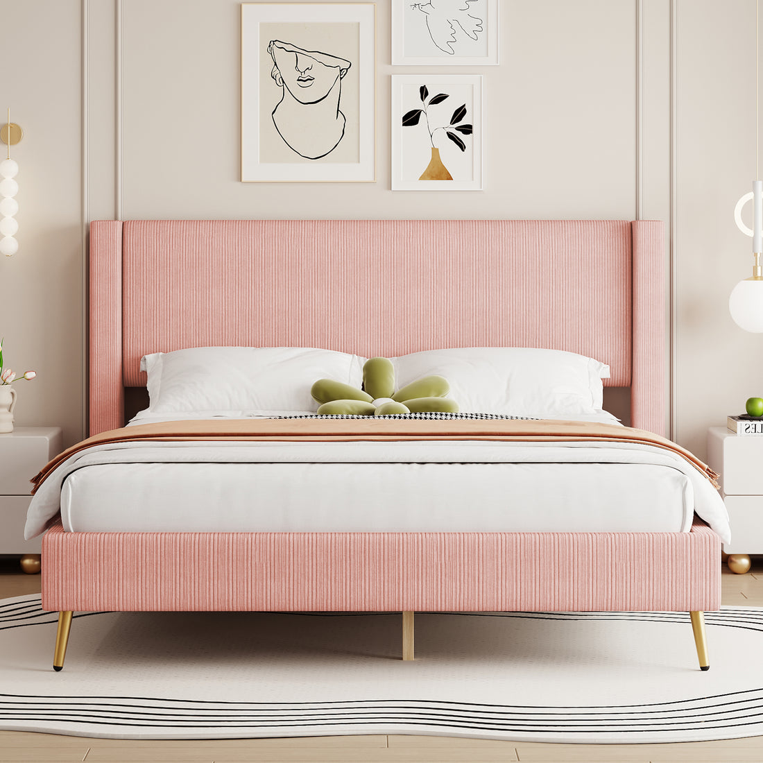Queen Size Corduroy Platform Bed With Metal Legs, Pink Old Sku:Wf300238Aah Queen Pink Corduroy