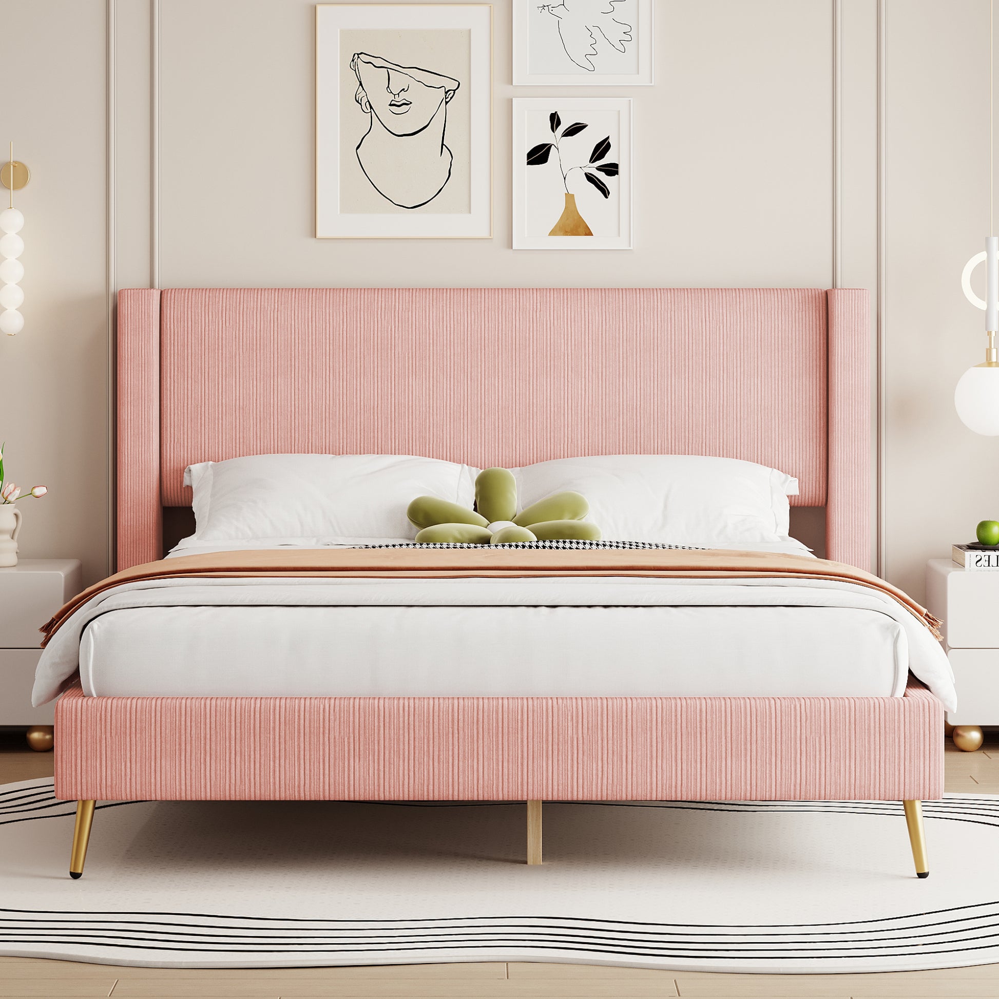Queen Size Corduroy Platform Bed With Metal Legs, Pink Old Sku:Wf300238Aah Queen Pink Corduroy
