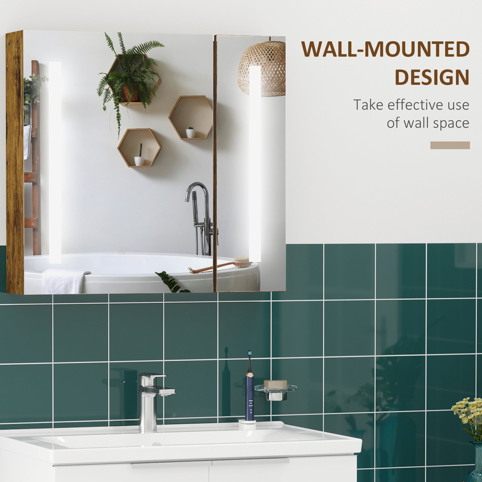 Kleankin Lighted Medicine Cabinet With Mirror, 27.5" X 25.5" Wall Mounted Dimmable Bathroom Mirror Cabinet With 3 Tier Storage Shelves, Led Lights, Smart Touch And Usb Charge, Dark Wood Grain Rustic Brown Mdf