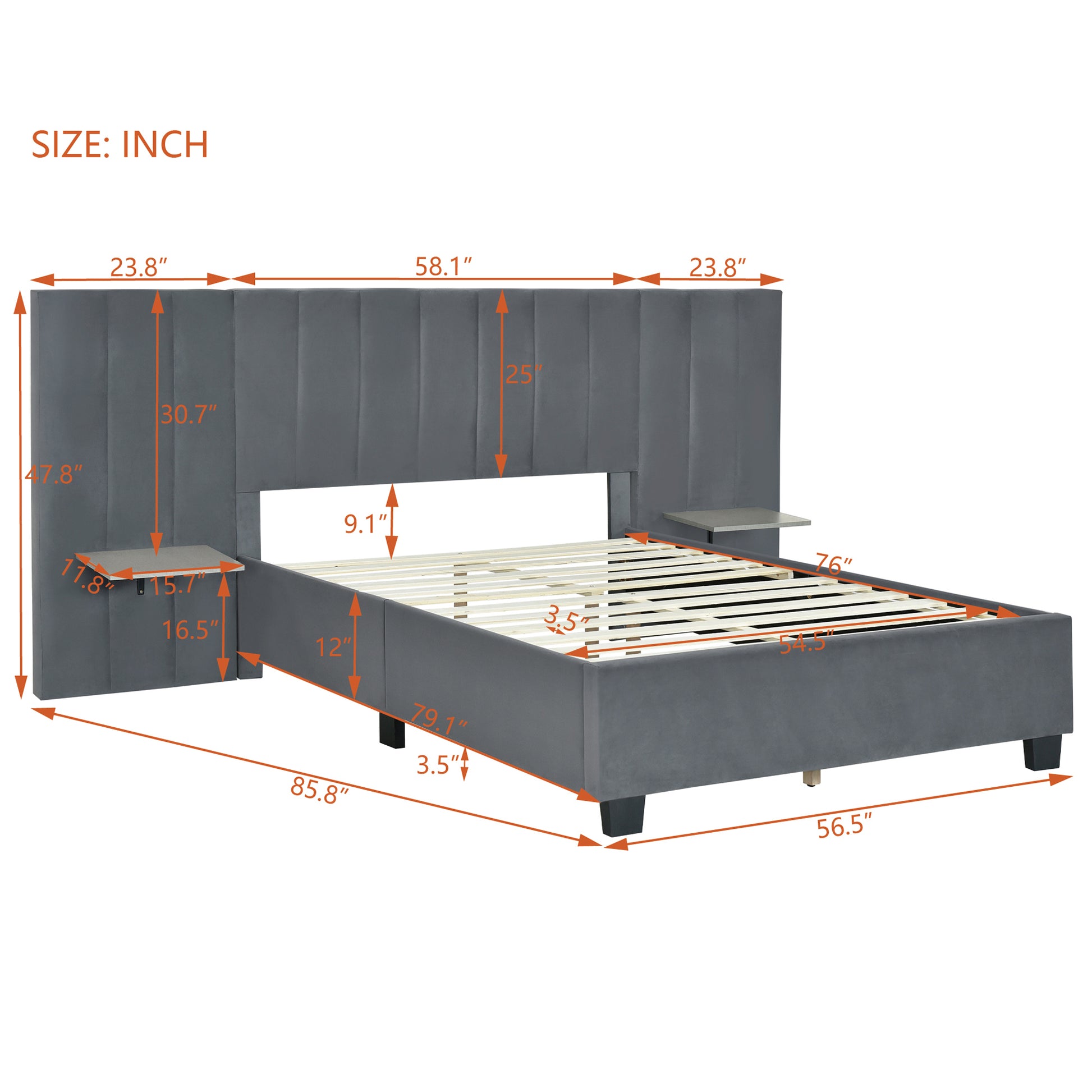 Full Size Upholstered Platform Bed With Big Headboard, Bedroom Furniture, Velvet, Gray Full Gray Plywood