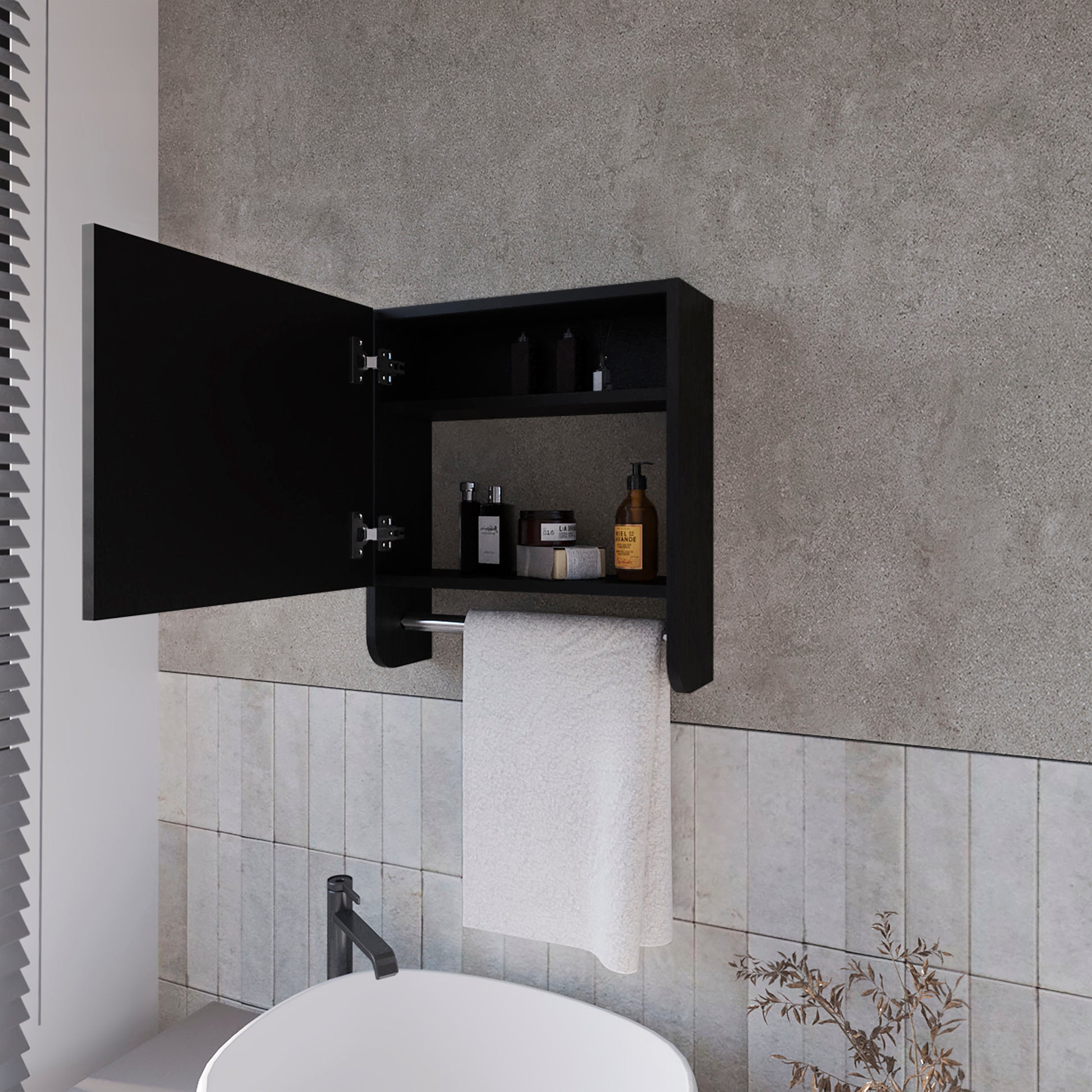 Pine Medicine Cabinet In Melamine With A Towel Bar And Included Mirror, Black Black 1 2 Mirror Included Bathroom Wall Mounted Modern Particle Board Melamine