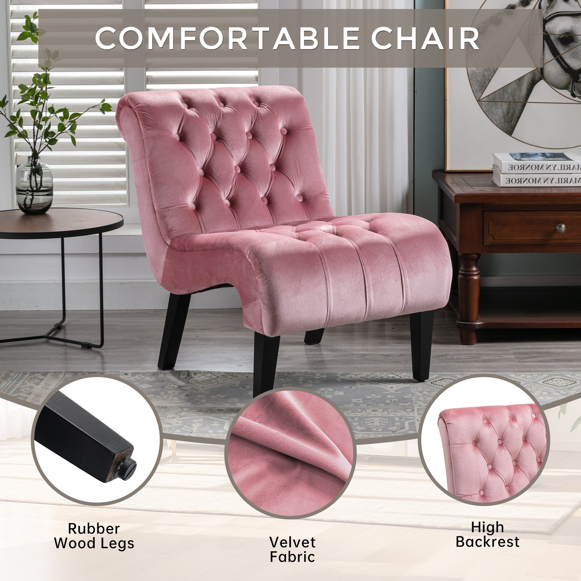 Coolmore Modern Velvet Armless Accent Living Room Chair Leisure Chair,Upholstered Fabric Button Comfortable Chair With Wooden Legs For Bedroom, Living Room, Office Pink Velvet Pink Primary Living Space Foam Velvet