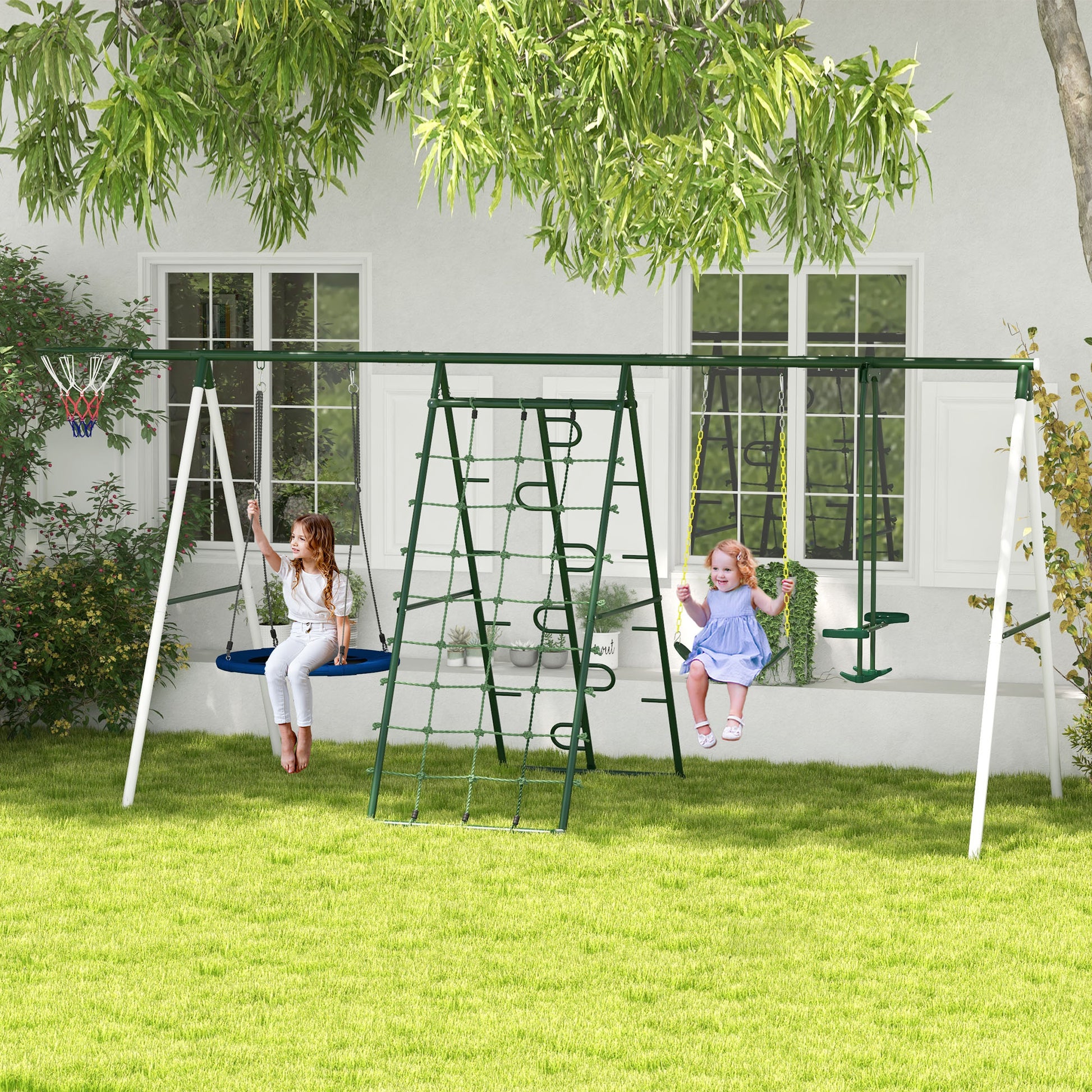 Outsunny 528 Lbs Swing Set For Backyard, 5 In 1 Heavy Duty A Frame Stand Outdoor Playset For Kids, With Saucer Swing, Slide, Swing Seats, Glider, Basketball Hoop, Climbing Steps And Net Green Steel