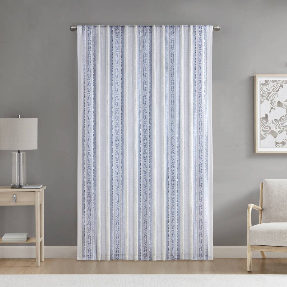 Poly Printed Curtain Panel With Tufted Stripe And Lining White Navy 50X95" Multicolor Polyester